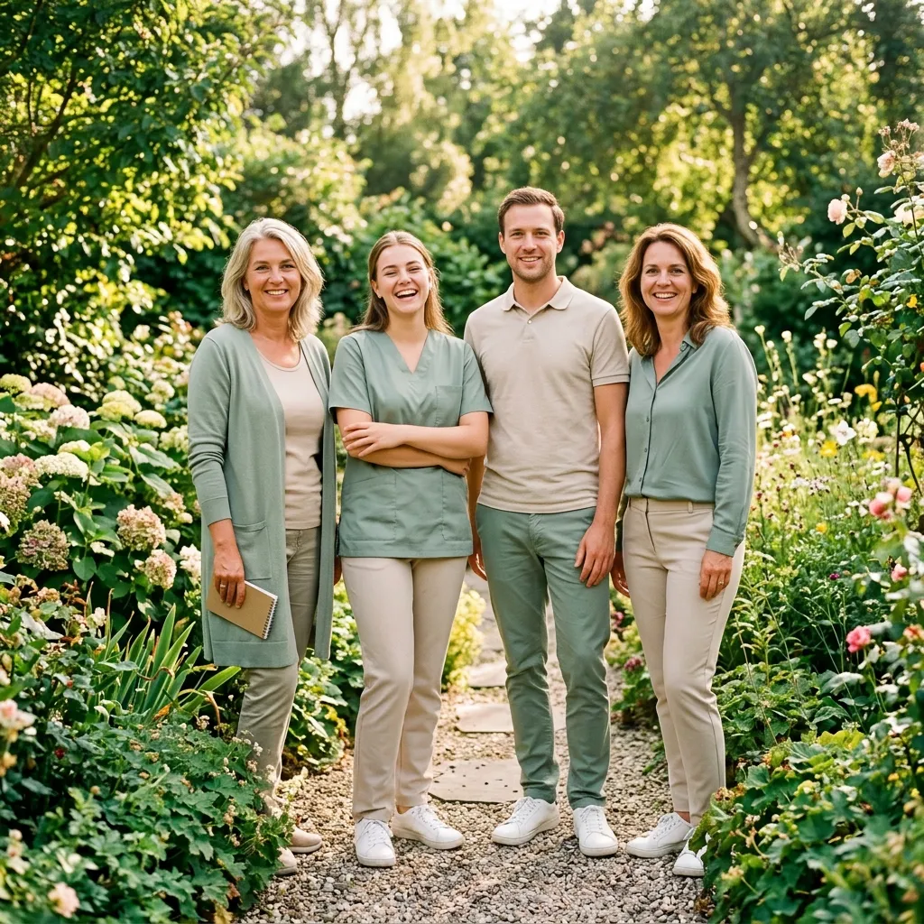 Het team van Parkstad Thuiszorg lacht in een tuin